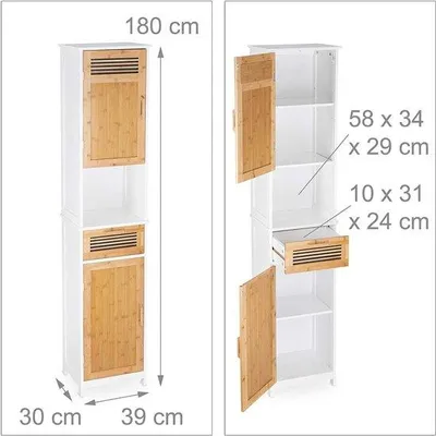 Productafbeelding van Famanu badkamerkast met 5 vakken en 1 lade - Hoogte x Breedte x Diepte ongeveer 180 x 39 x 30 cm - wit-bruin