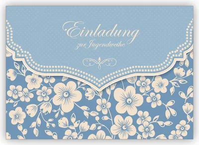 Produktbild von Nette Mädchen Einladungskarte mit Retro Kirschblüten Muster, hellblau: Einladung zur Jugendweihe