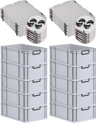 Produktbild von SparSet 10x Eurobox NextGen Color mit Auflagedeckel und Schiebeschnappverschlüsse | HxBxT 22x40x60cm | 44 Liter | Grau | Griffe schwarz geschlossen | Verstärkter Boden | Eurobehälter, Transportbox, Transportbehälter, Stapelbehälter
