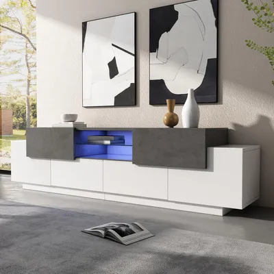 Immagine prodotto di Mobile TV LED Sweiko, cassettiera TV, lowboard, moderno centro di intrattenimento TV con ripiani in vetro per il soggiorno, la camera da letto, console TV con contenitore, mobile multimediale da gioco per TV da 80/75/70/65/55 pollici Bianco+Grigio