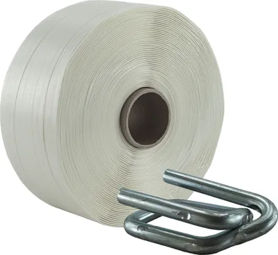 Produktbild von 25 mm Textil Polyester Umreifung Set Umreifungsband Phosphatiert Metallklemmen