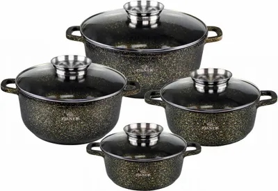 A set of four black and gold speckled pots with glass lids and silver handles are arranged in a group on a white background.
