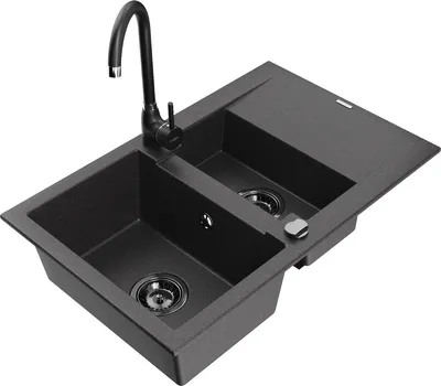 Produktbild von Mexen Gaspar 1,5-Becken-Granitspüle mit Abtropffläche und Mischbatterie Telma, Schwarz gesprenkelt - 6507-76-670200-70-B