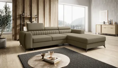 Produktbild von Ecksofa MONE mit einstellbare Kopfstützen und Schlaffunktion, Farbe Hellbraun Vogue 10 Velour Stoff , Couchgarnitur, Sofagarnitur, Schlafsofa, Wohnzimmer sofa mit Bettkasten