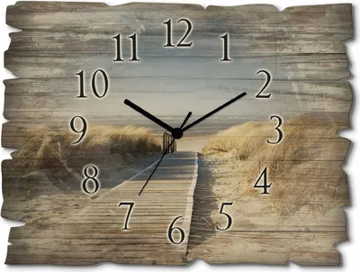 Produktbild von ARTland Holz Wanduhr Funkuhr - schwarzer Zeiger Nordseestrand auf Langeoog - Steg Größe: 40x30 cm