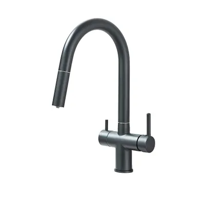 A modern matte black kitchen faucet with a pull-out spray and dual handles for temperature control, presented against a clean white background.