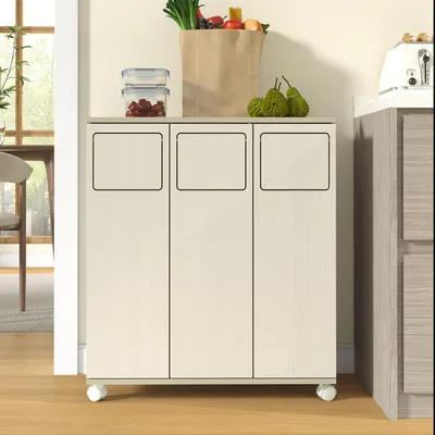 Productafbeelding van Afvalscheidingskast met 3 vakken en 4 wielen, afvalkast met 3 deuren, roestvrijstalen houder en magnetische sluitingen, 69,3 x 35 x 80 cm, lichte houtlook