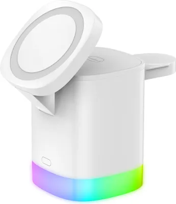 Produktbild von 3-in-1 Faltbare drahtlose Ladegerät Ladestand mit RGB Beleuchtung für iPhone14 Magsafe iWatch Kopfhörer Weiß