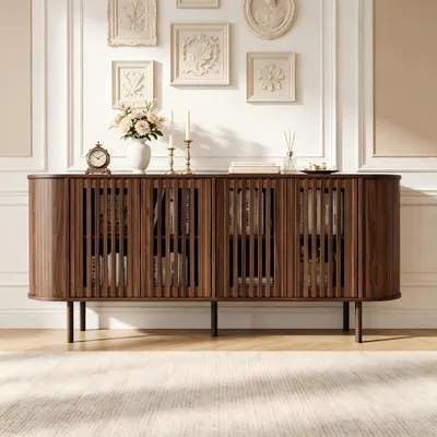 Image de Buffet Merax avec 4 portes coulissantes perforées, meuble de rangement avec étagères réglables, buffet en MDF, pieds en métal, finition noyer