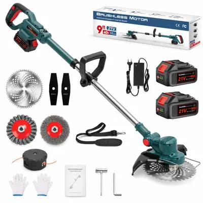 Produktbild von Akku Rasentrimmer mit 2× 4000mAh Akkus 21V, Bürstenloser Motor 750W Rasentrimmer mit Unkrautbürste, Freischneider Akku & Ladegerät - Blau