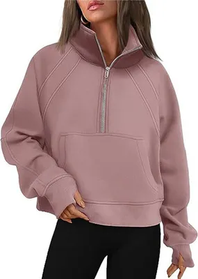 Image de ASKSA Sweatshirt col montant femme Pull zippé Hauts polaires unis, rose foncé, M