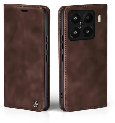 A brown flip-case phone cover is shown from two angles.