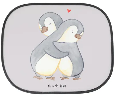 Produktbild von Mr. & Mrs. Panda Sonnenschutz Auto Pinguine Kuscheln - Grau Pastell - Geschenk, saugnapf, Hochzeitstag, Freund, Sonnenblende, für Freundin, Hitzeschutz, Partner, Frauen