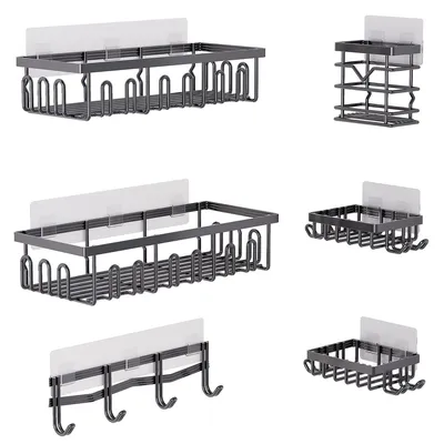 Produktbild von Badregale,Wandmontiertes Badezimmerregal aus Eisen, Multifunktionsregal mit seitlichem Haken, 6er Pack stanzfrei, Toilettenregal,schwarz