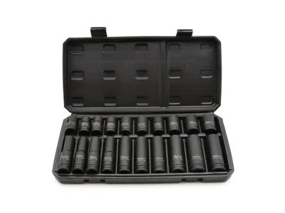 A set of black socket wrenches in an open black case.