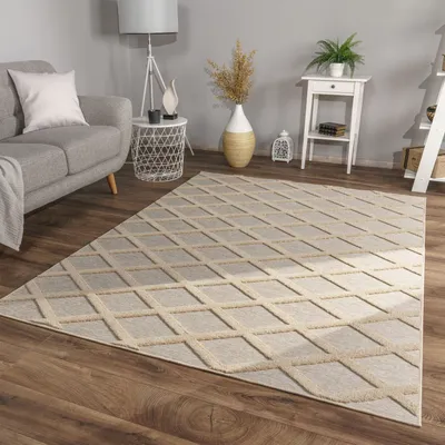 Produktbild von TT Home Wohnzimmer Teppich Esszimmer Kurzflor Skandi Design Rauten Deko 3D Weich Größe 80x150 cm