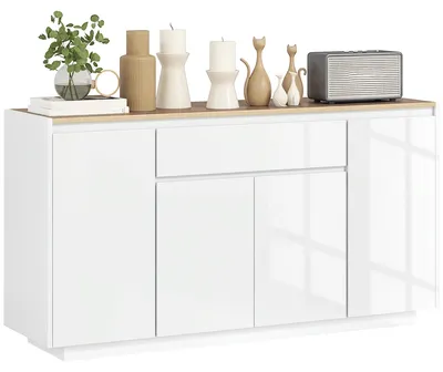 Obrázok produktu pre HOMCOM Moderná komoda do kuchyne s zásuvkou a 3 skrinkami s nastaviteľnými poličkami, 140x40x75 cm, biela
