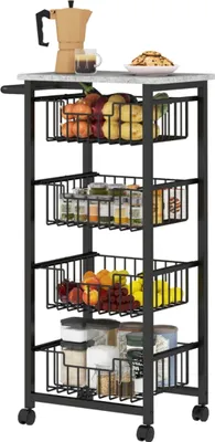 Image de chariot de cuisine à 4 niveaux sur roulettes, Chariot de service sur roulettes, Chariot de cuisine avec 4 paniers en acier, Chariot de service,
