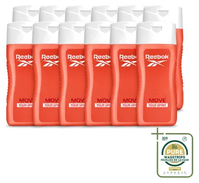 Immagine prodotto di 12 flaconi di gel doccia Reebok Move Your Spirit, profumo di melograno e agrumi, capacità 400 ml, confezione da 12 pezzi