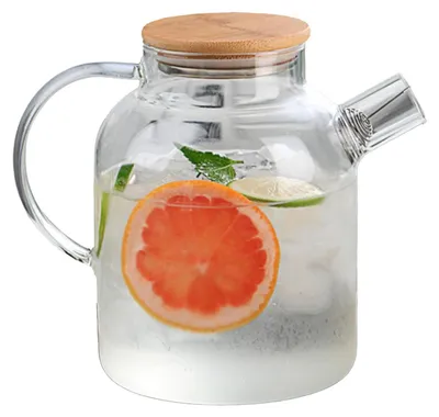 Immagine prodotto di Caraffa in vetro, 1,8 litri - Brocca per acqua - Realizzata in vetro borosilicato resistente - Coperchio in legno - Durevole - Resistente al calore