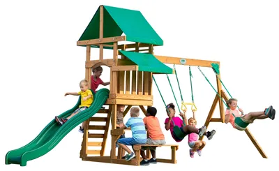 Obrázok produktu pre Backyard Discovery Belmont drevená hracia veža | XXL domček na hranie pre deti so šmykľavkou, hojdačkou, hrazdou, pieskoviskom a piknikovým stolom |
