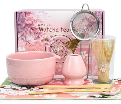 Image de Ensemble Matcha 8 pièces, rose, préparation traditionnelle, coffret cadeau, bambou, céramique
