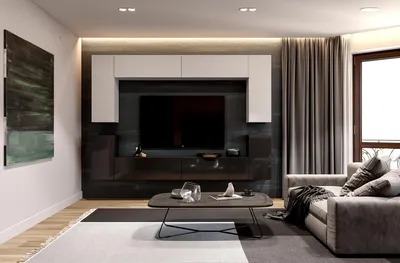 Produktbild von Wohnwand Set mit 8 Schränken, Weiß Hochglanz, Schwarz Hochglanz, modern für das Wohnzimmer, 280 x 195 cm