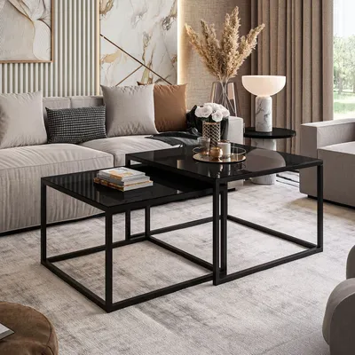 Produktbild von YOSHI GLASS Couchtisch 2in1 39cm/45 cm Schwarz / Schwarz hochglanz