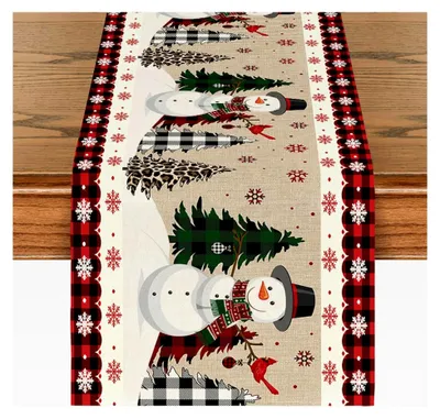 Produktbild von Weihnachtlicher Tischläufer mit Schneemann, Modernes Weihnachtsbaum-Design, Schneeflocken-Muster, 33x180cm
