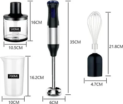 Zdjęcie produktu dla Mikser ręczny - zestaw 4 w 1 - wydajny silnik - stal nierdzewna - dzbanek mieszający o pojemności 700 ml - pojemnik do siekania o pojemności 500 ml - trzepaczka