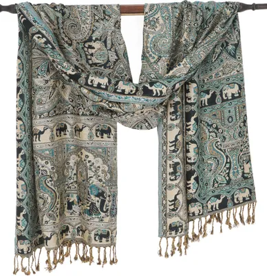 Produktbild von Indischer Pashmina Schal, Schultertuch, Boho Stola mit Paisley Muster - Grün/beige, Uni, Viskose, 200*72 cm, Schals