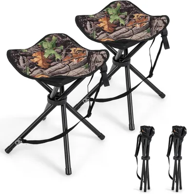Two camouflage folding stools are shown in the foreground, with two more folded stools in the background.