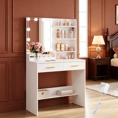 Produktbild von Schminktisch mit 10 LED, Schminkkommode mit 4 offenen Ablagefächern und 2 Fächern, Schminktisch mit 2 Schubladen, für Schlafzimmer, Wohnzimmer, Weiß