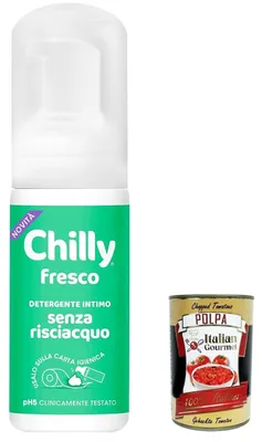 Produktbild von 6x Chilly Senza Risciacquo, frischer Intimreiniger ohne Ausspülen, zur Verwendung außerhalb des Hauses auf Toilettenpapier, pH5-Mousse-Formel 100 ml + Italian Gourmet polpa 400g