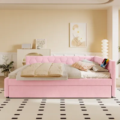 Obrázek produktu pro Merax denní postel 140x200 cm s výsuvným lůžkem a připojením USB & Type-C, čalouněná rozkládací postel s noční lampičkou, dětská postel v moderním designu, růžová barva