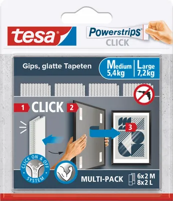 The image shows the packaging of tesa Powerstrips CLICK, with instructions on how to use them.