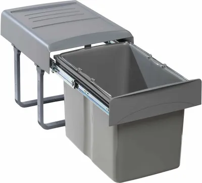 A pull-out trash bin with a lid, mounted on a sliding mechanism.