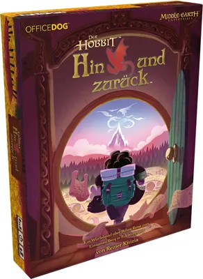 The image shows the front and side of a board game box for 'Der Hobbit Hin und zurück'. The artwork features a circular window looking out onto a mountainous landscape with a hobbit-like character carrying a backpack.
