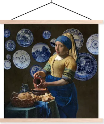 Produktbild von MuchoWow® Textilposter Milchmädchen - Das Mädchen mit dem Perlenohrring - Vermeer 40x40 cm mit holzfarbenen Rahmen - Posterleiste