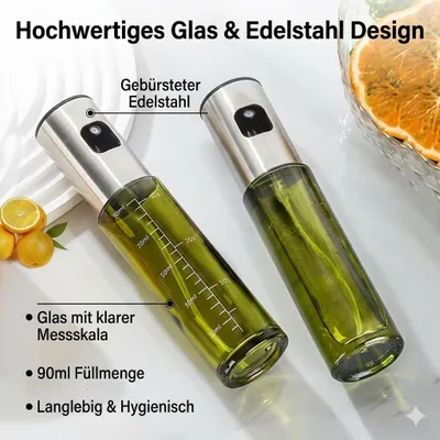 Zdjęcie produktu dla 2× Zestaw szklanych rozpylaczy do oleju - 100 ml - Do frytownic, grilla, sałatek i pieczenia - z akcesoriami - Bez BPA - Szklane butelki z rozpylaczem do oleju