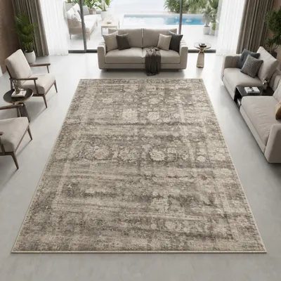 Image de Tapis facile d'entretien, motif vintage beige, design plat, dimensions : 160 x 220 cm
