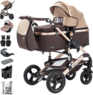 Produktbild von Daliya® BAMBIMO 3in1 Kinderwagen mit i-Size Babyschale, Gummi-Rädern & Aluminiumrahmen, Travel-System mit 2in1-Babywanne/Sportsitz, Kombi-Kinderwagen