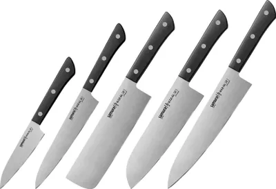 Image de Samura HARAKIRI Set de 5 couteaux de cuisine professionnels avec manches blancs : Paring, Utility, Nakiri, Santoku, et C - Coutellerie japonaise en acier de première qualité