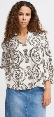 Produktbild von Ichi IXMeneka Damen Bluse Blusenshirt Shirt mit 3/4-Arm V-Ausschnitt Rüsschen gemustert Regular fit