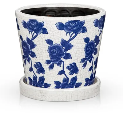 Produktbild von Keramiktopf 14cm Durchmesser mit Untersetzer Blau-rosen für Sukkulenten und Kakteen