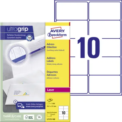Produktbild von Avery Zweckform L7173-100 Adress-Etiketten, A4 mit ultragrip, 99,1 x 57 mm, 100 Bogen/1.000 Etiketten, weiß
