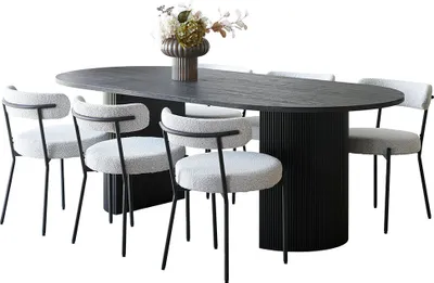 Produktbild von Kyoto Essgruppe Esstisch 100x210 cm Dunkelbraun und 6 Stühle Bouclé Weiß.