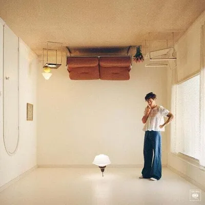 An upside-down room with a person standing in it.