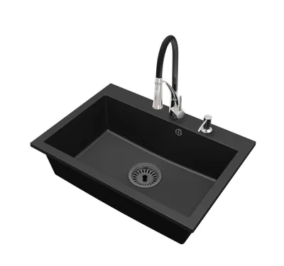 Produktbild von Granitspüle Küchenspüle Einbauspüle 1 Becken Elite 70 Set mit Armatur, Seifenspender und Siphon Schwarz