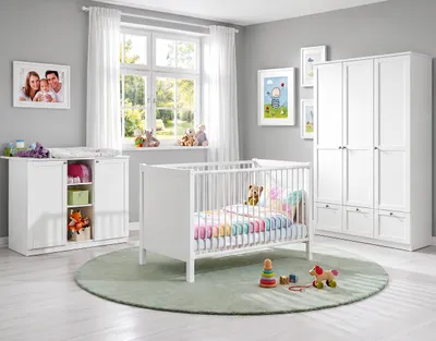 Produktbild von Babyzimmer-Set Kinderzimmer Babybett Wickelkommode Kleiderschrank+Schub.135 Weiß / 22804